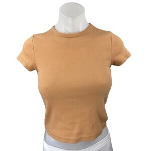 Anthropologie Maeve Tan Ribbed Knit Short Sleeve Crop T Shirt Tee Top Size S
